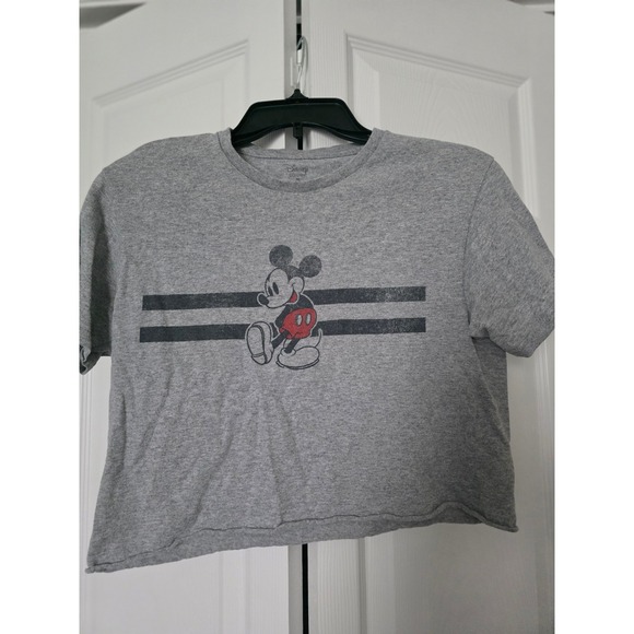 Disney Tops - Disney Graphic Tee Womens Small Gray Excellent Mickey Mouse Cropped Raw Hem